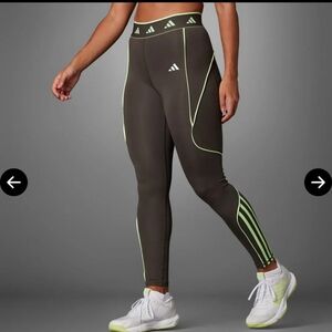 adidas Olive Green Leggings with Neon Lime Trim